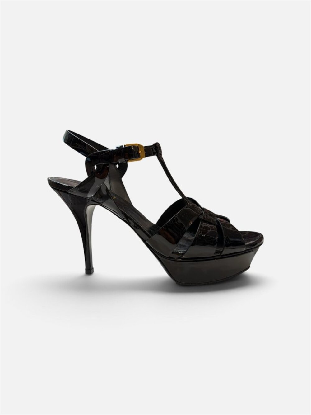 Tribute Saint Laurent Platform Sandals in Black Patent Leather 39.5